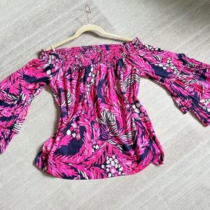 Lilly Pulitzer Vibrant Pink and Navy Off-Shoulder Blouse